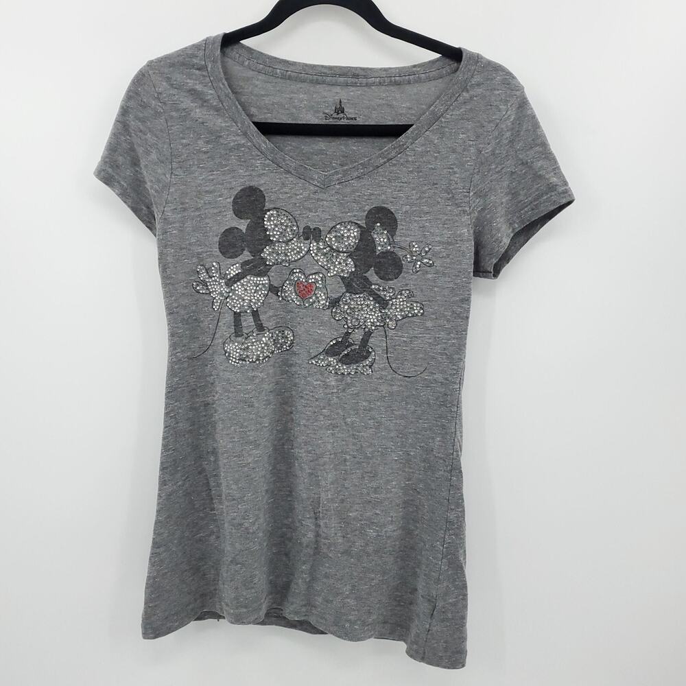 Disney Parks T-Shirt Womens Small Gray Minnie kissing Mickey Embellished